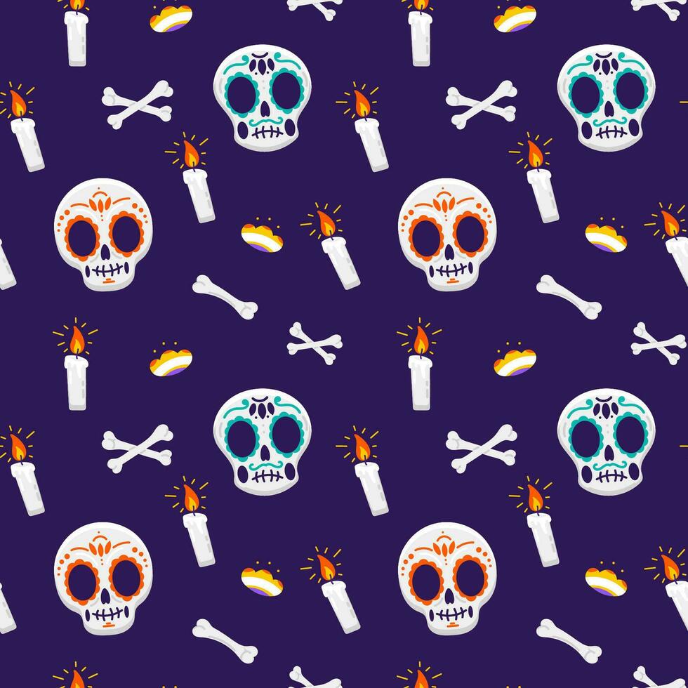 Day of the dead seamless pattern element set with skull and bones vector