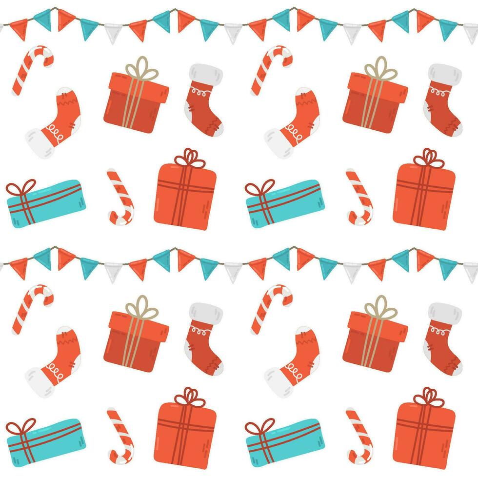 Christmas decoration seamless pattern with socks, paper garland, present and candy. Vector illustration.