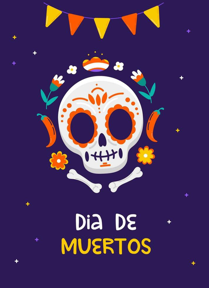 Day of the dead poster with skull, bones and flowers vector