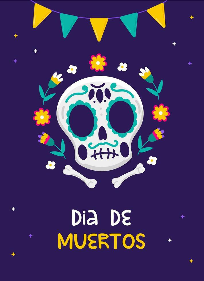 Day of the dead poster with skull, bones and flowers vector