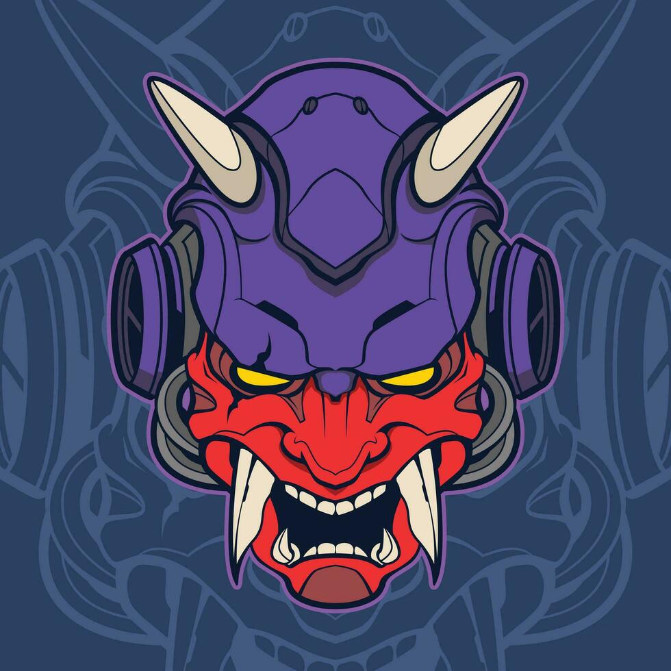 japanese oni mask mecha head illustration vector