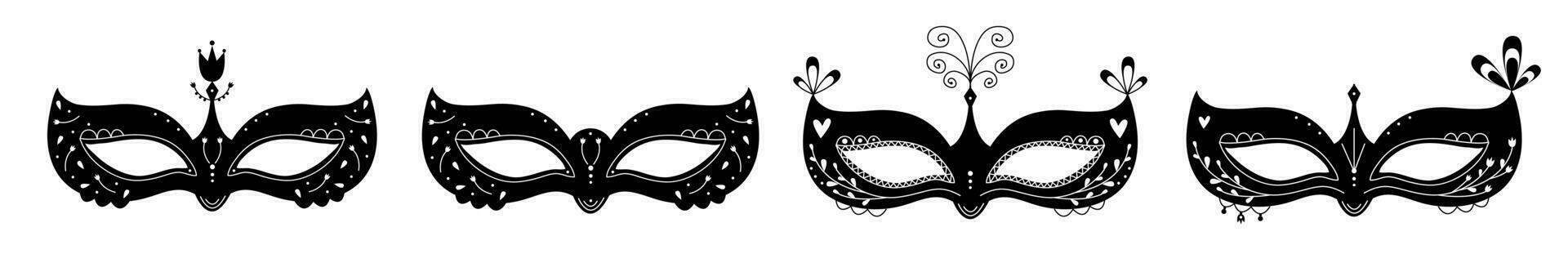 negro y blanco mascarada mascaras, ilustración colocar, cuatro artículos vector