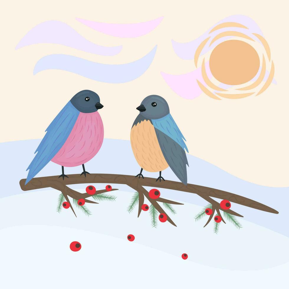 Birds on the tree branch, bullfinch and titmouse on the twig vector