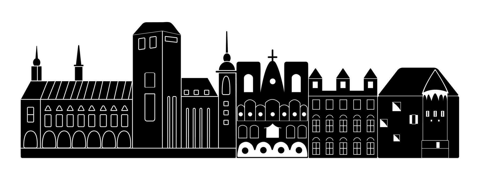 Europian architecture, beautiful buildings, black and white illustration vector