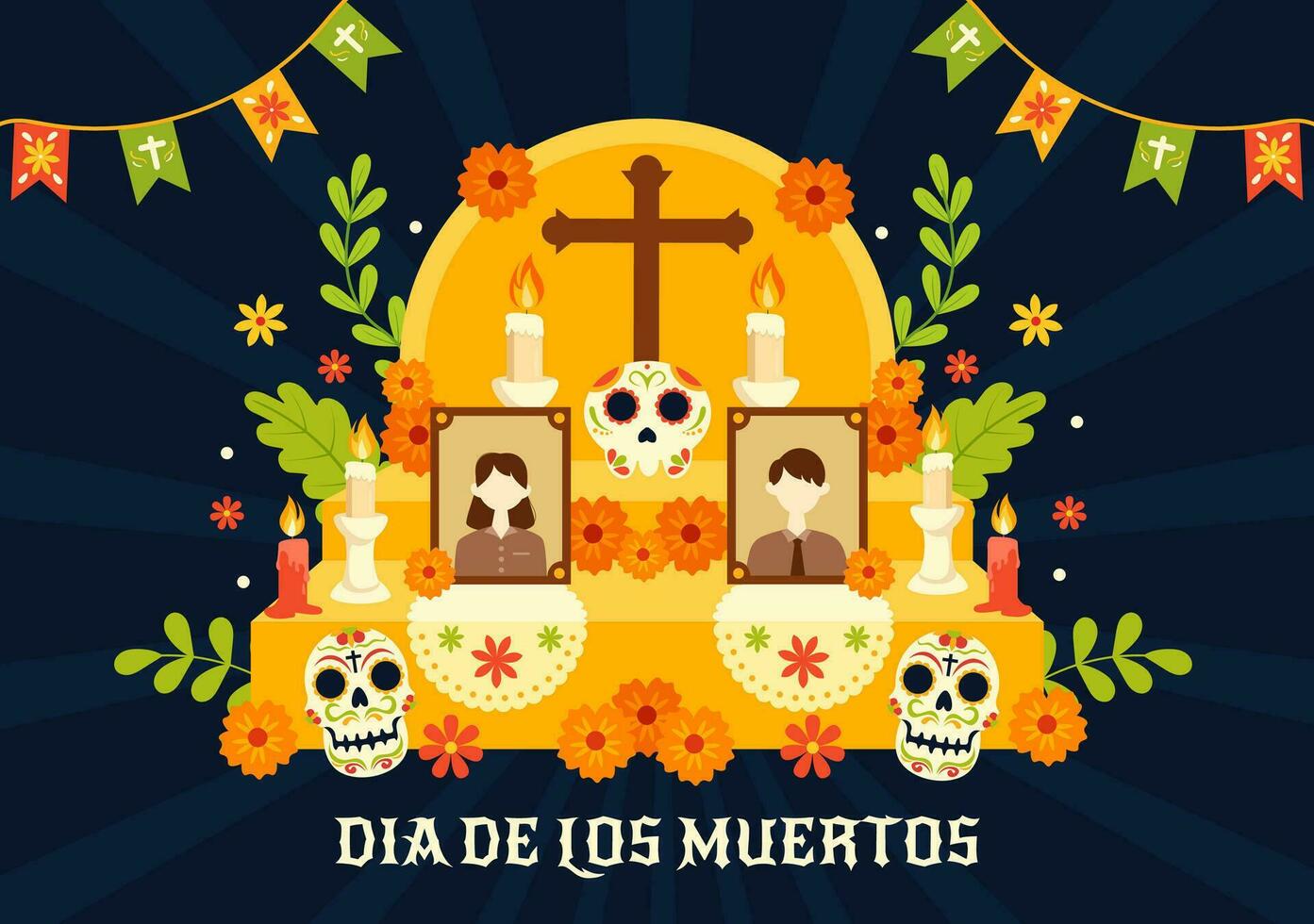 dia Delaware los muertos vector ilustración con día de el muerto, jugar música, esqueleto en mexicano disfraces y sombrero en plano dibujos animados antecedentes