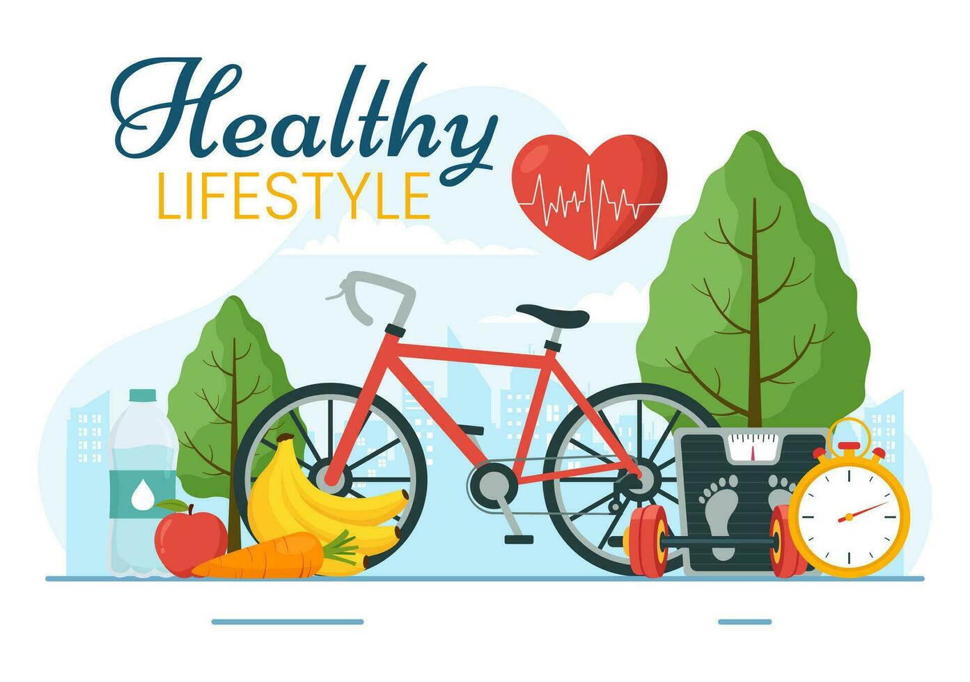 Healthy Lifestyle Vector Illustration with Organic Vegetables or Fruit, Sport and Workout in Flat Cartoon Hand Drawn Background Design Templates