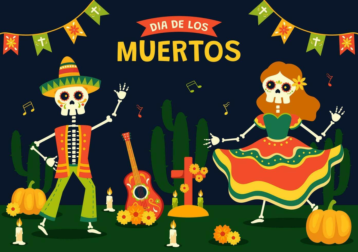 dia Delaware los muertos vector ilustración con día de el muerto, jugar música, esqueleto en mexicano disfraces y sombrero en plano dibujos animados antecedentes