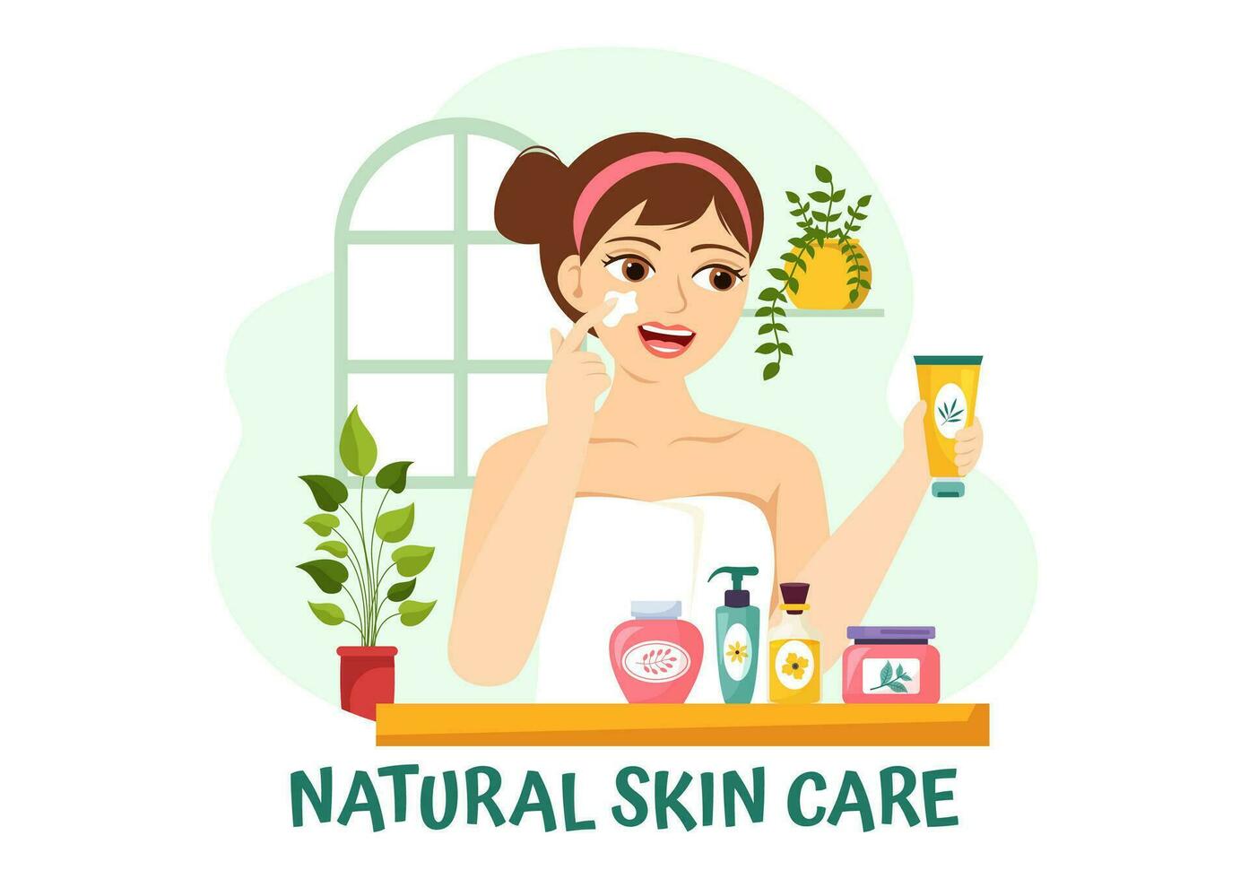 Natural Skin Care Vector Illustration of Women Applying Cosmetics Face Skincare Products with Organic Ingredients in Flat Cartoon Background Template