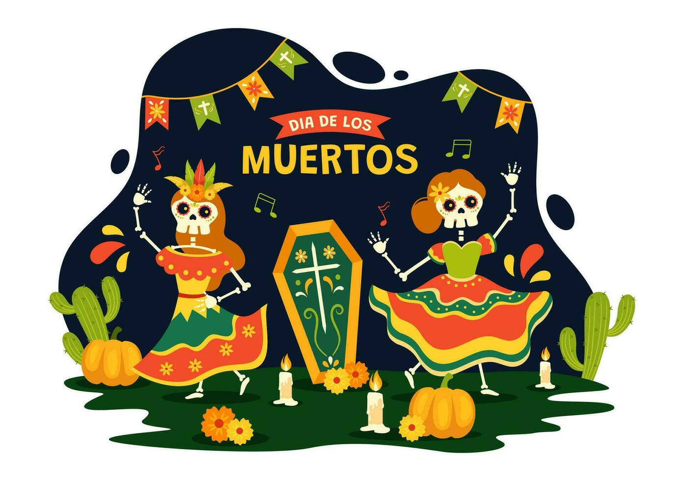 dia Delaware los muertos vector ilustración con día de el muerto, jugar música, esqueleto en mexicano disfraces y sombrero en plano dibujos animados antecedentes