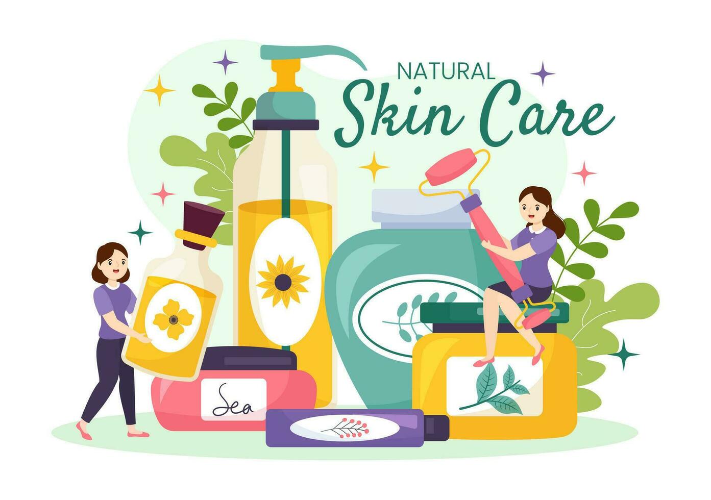 Natural Skin Care Vector Illustration of Women Applying Cosmetics Face Skincare Products with Organic Ingredients in Flat Cartoon Background Template