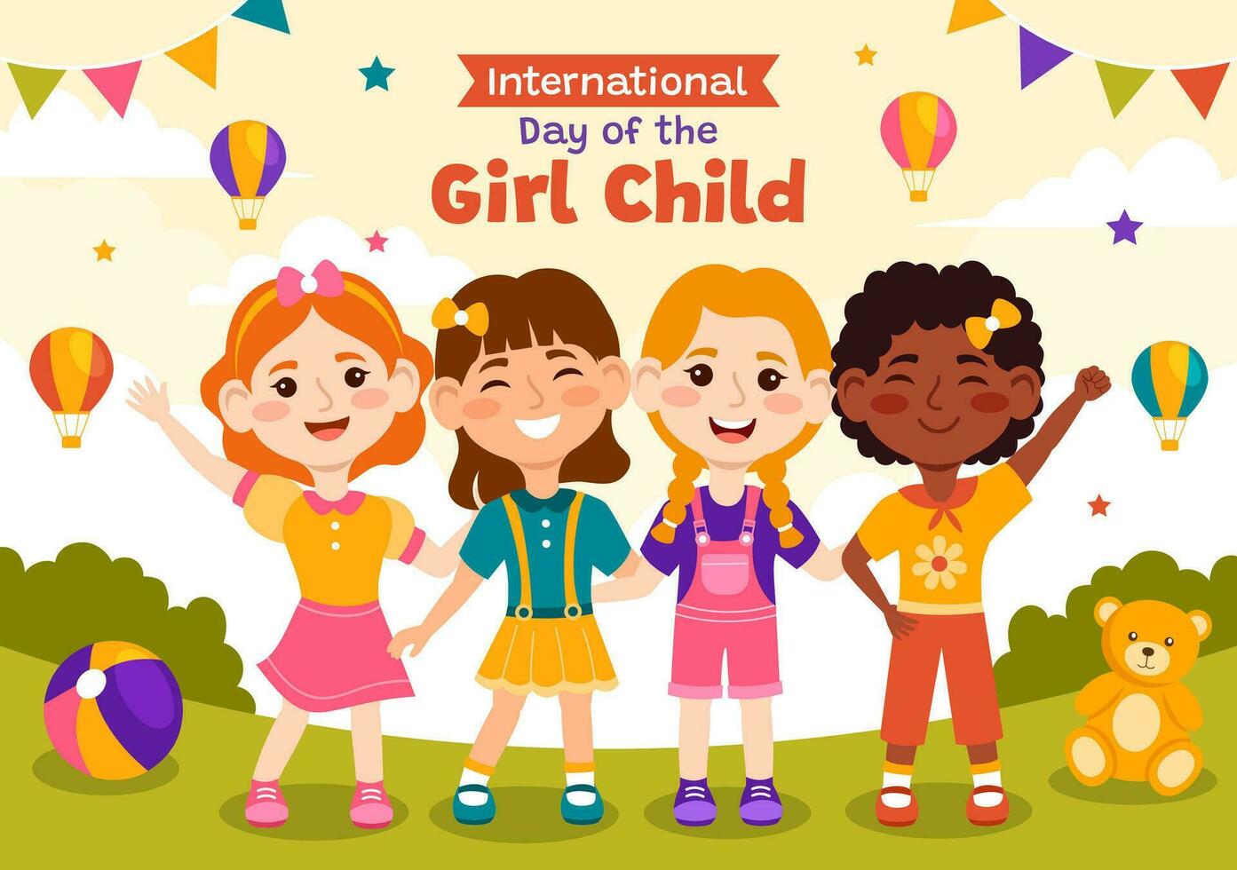 International Day of the Girl Child Vector Illustration with Little Girls for Awareness and Human Rights in Flat Kids Cartoon Background Templates
