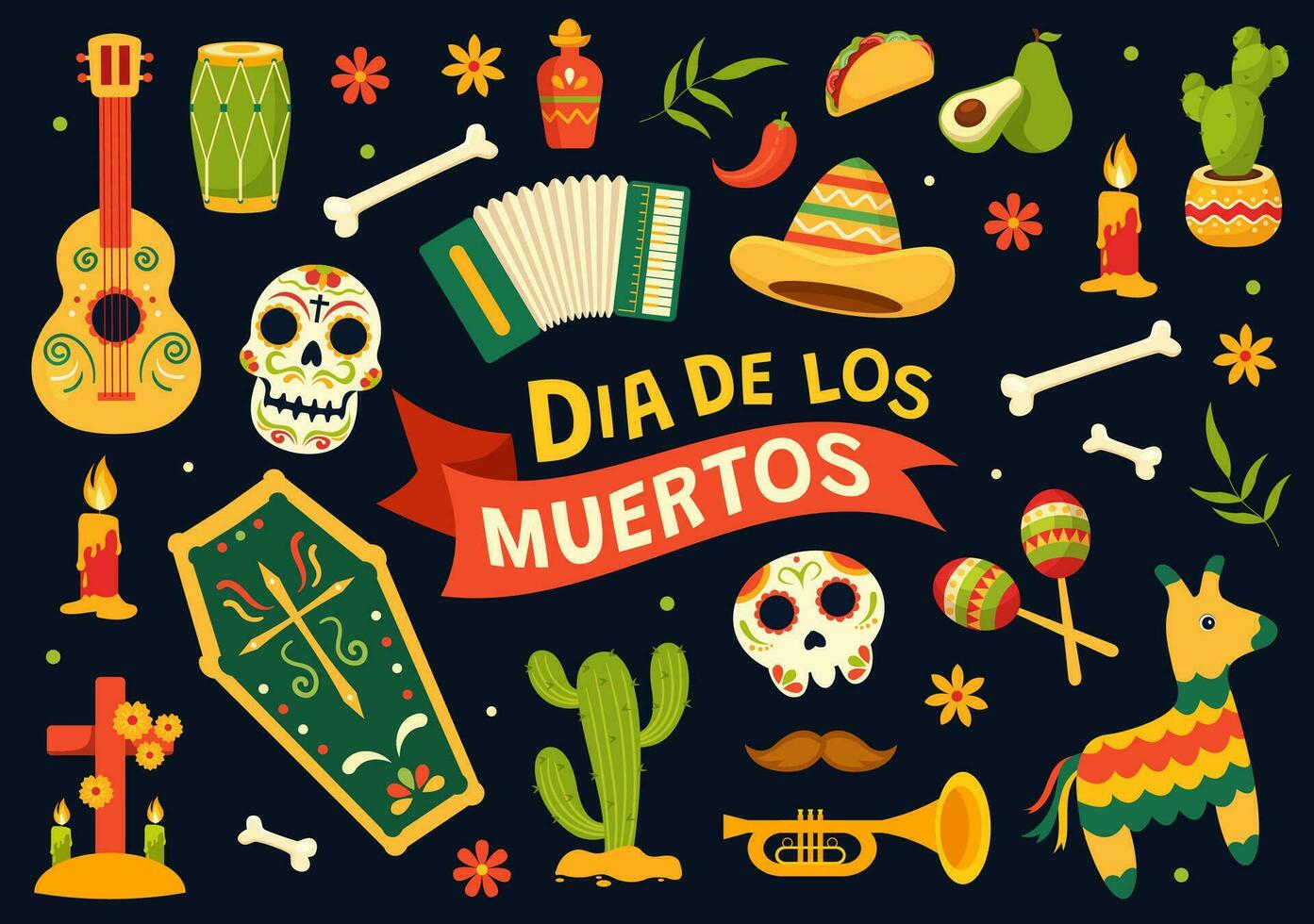 dia Delaware los muertos vector ilustración con día de el muerto, jugar música, esqueleto en mexicano disfraces y sombrero en plano dibujos animados antecedentes