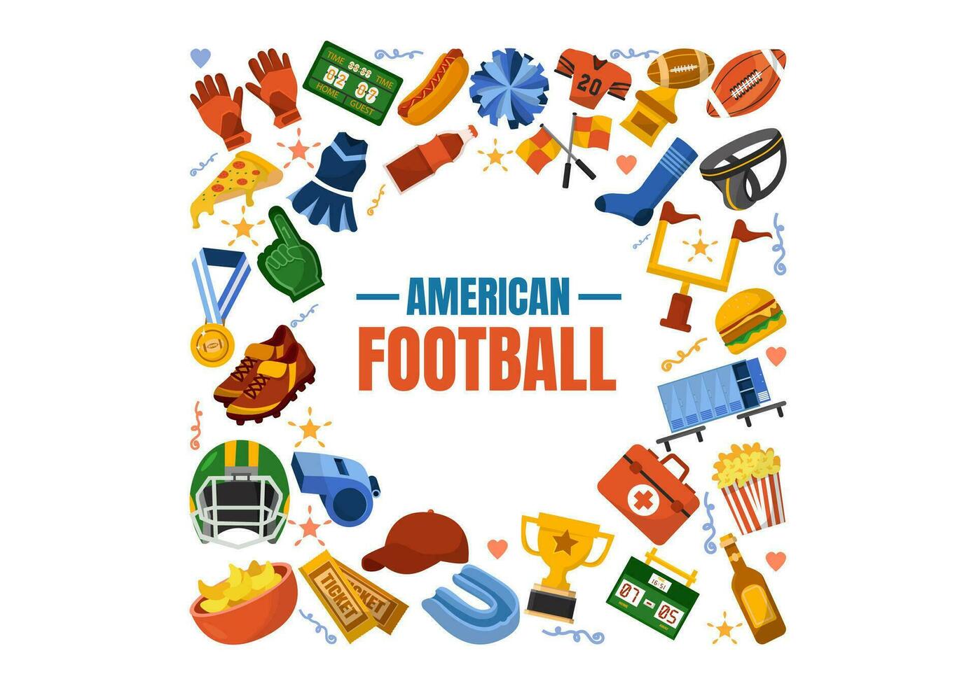 American Football Vector Illustration with Ball Athlete Equipment Elements Set in Flat Cartoon Background Templates