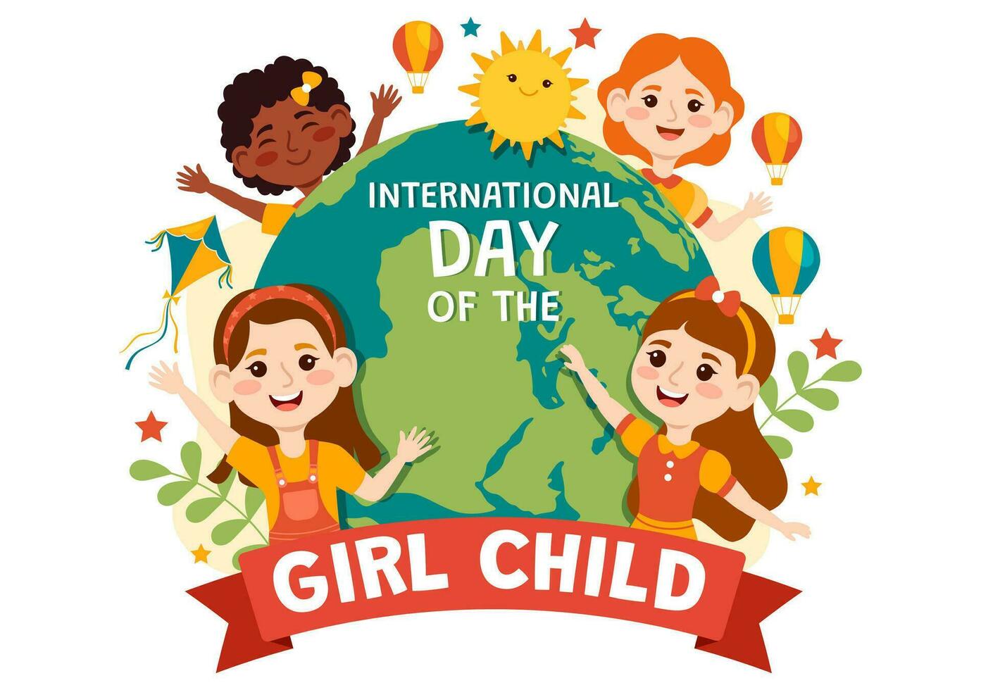 International Day of the Girl Child Vector Illustration with Little Girls for Awareness and Human Rights in Flat Kids Cartoon Background Templates