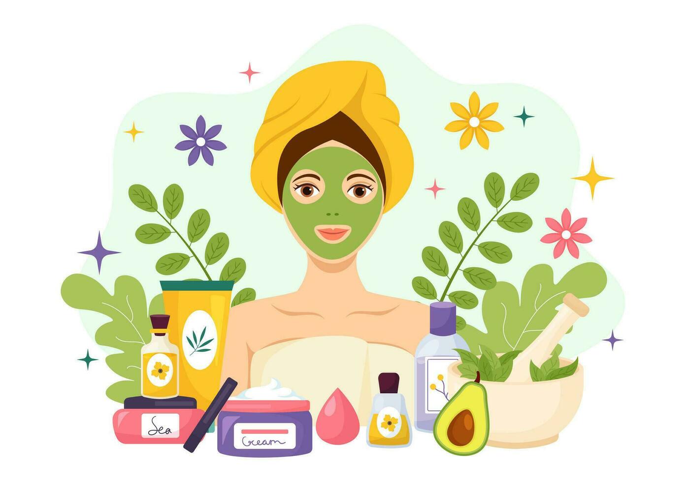 natural piel cuidado vector ilustración de mujer aplicando productos cosméticos cara protección de la piel productos con orgánico ingredientes en plano dibujos animados antecedentes modelo