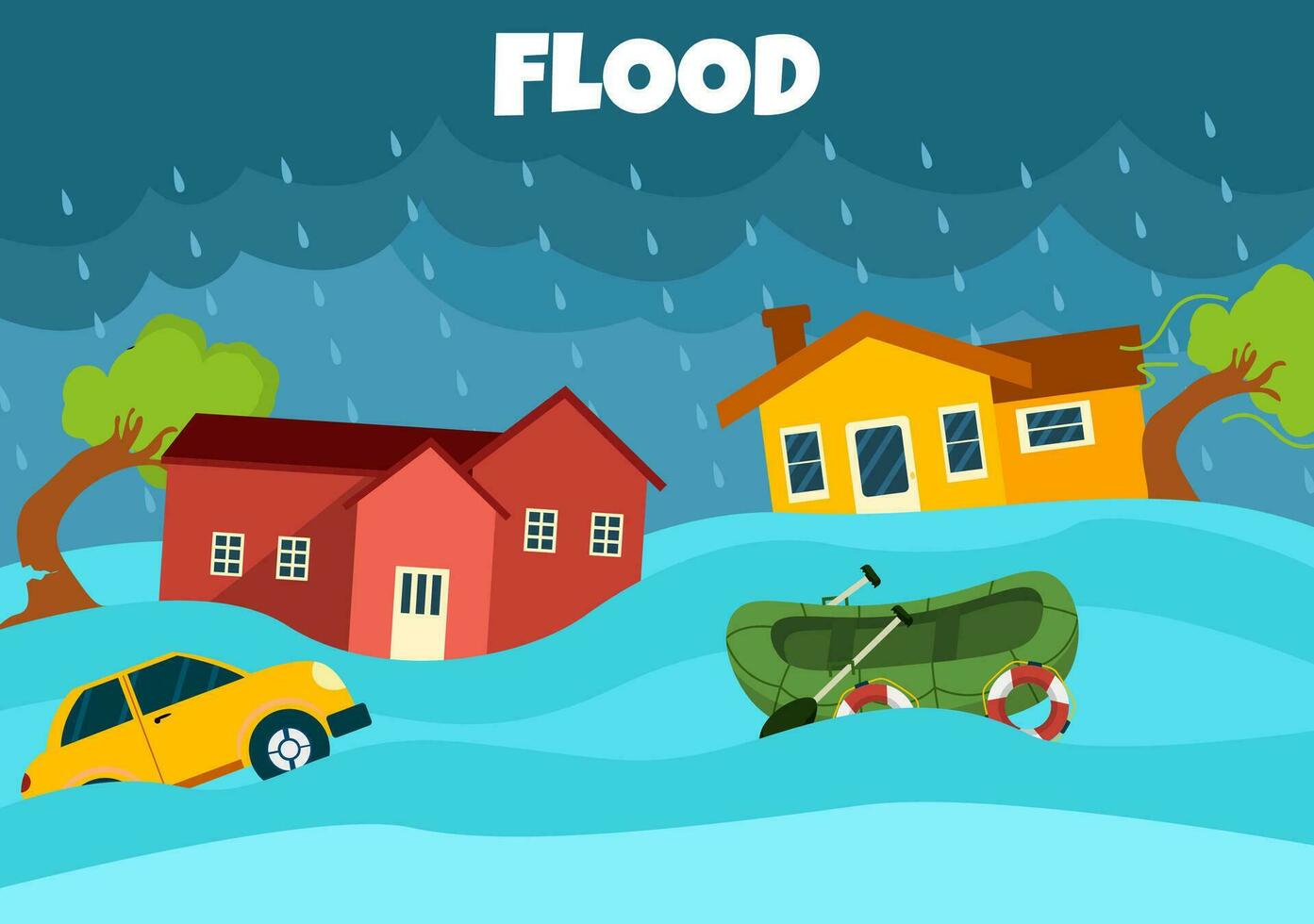 Floods Vector Illustration of The Storm Wreaked Havoc and Flooded the City with Houses and Cars Sinking in Flat Cartoon Background Templates