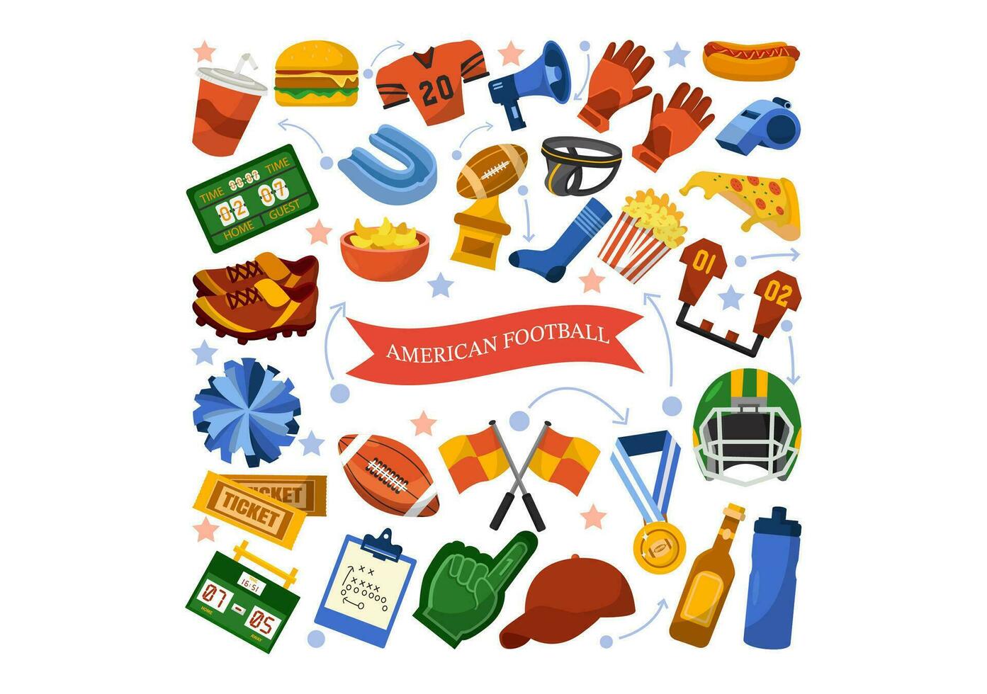 American Football Vector Illustration with Ball Athlete Equipment Elements Set in Flat Cartoon Background Templates