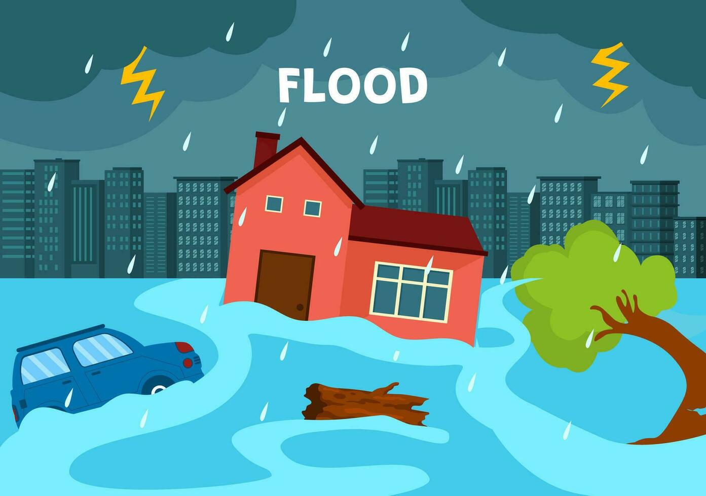 Floods Vector Illustration of The Storm Wreaked Havoc and Flooded the City with Houses and Cars Sinking in Flat Cartoon Background Templates