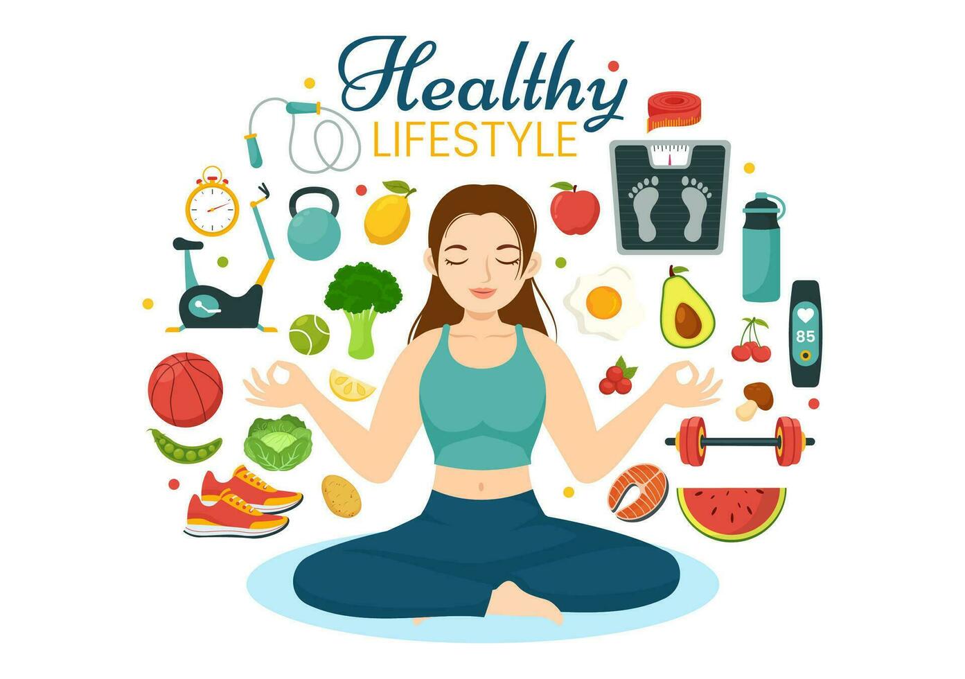 Healthy Lifestyle Vector Illustration with Organic Vegetables or Fruit, Sport and Workout in Flat Cartoon Hand Drawn Background Design Templates