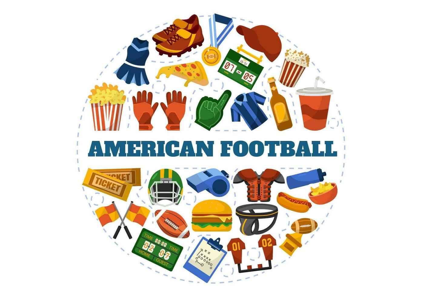 American Football Vector Illustration with Ball Athlete Equipment Elements Set in Flat Cartoon Background Templates