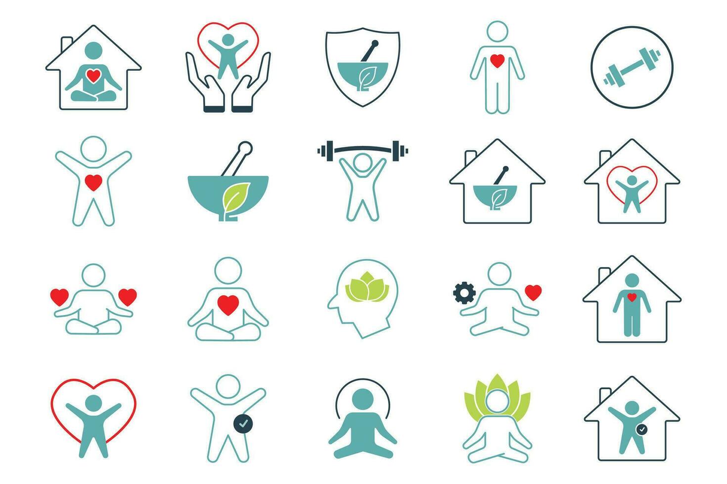 Wellness icon set. Yoga, fitness, spirit meditation, mental relaxation, stress management, self-care, and more. Duo tone colored style design. Simple vector design editable