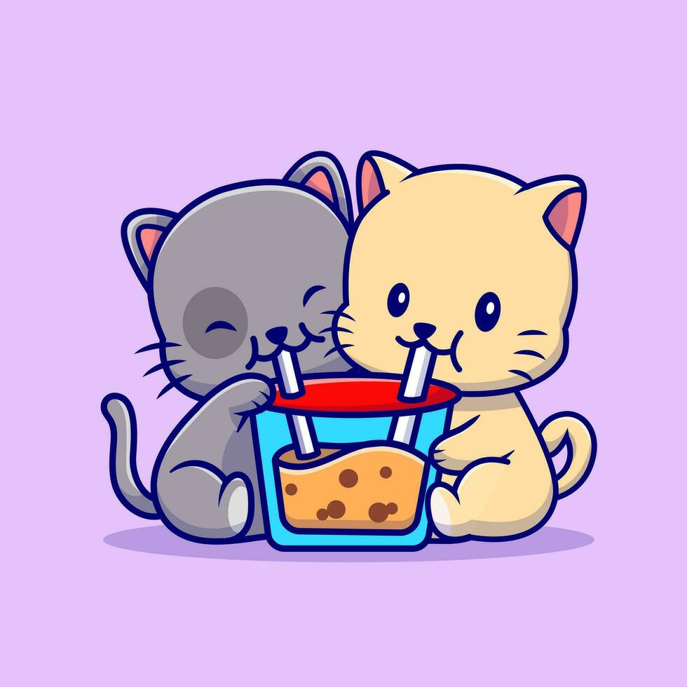 Cute Couple Cat Drink Boba Milk Tea Cartoon Vector Icon  Illustration. Animal Drink Icon Concept Isolated Premium  Vector. Flat Cartoon Style