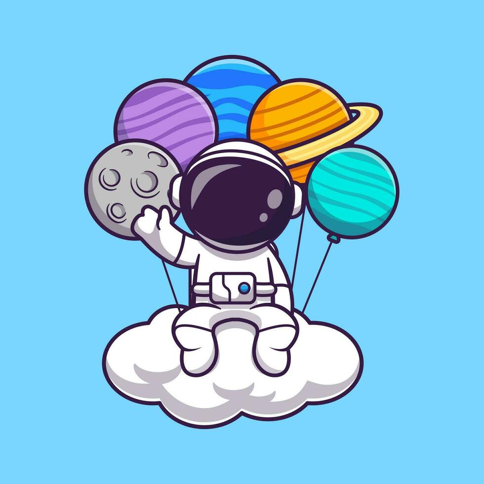 Astronaut Sitting On Cloud With Planet Balloon Cartoon  Vector Icon Illustration. Science Technology Icon Concept  Isolated Premium Vector. Flat Cartoon Style