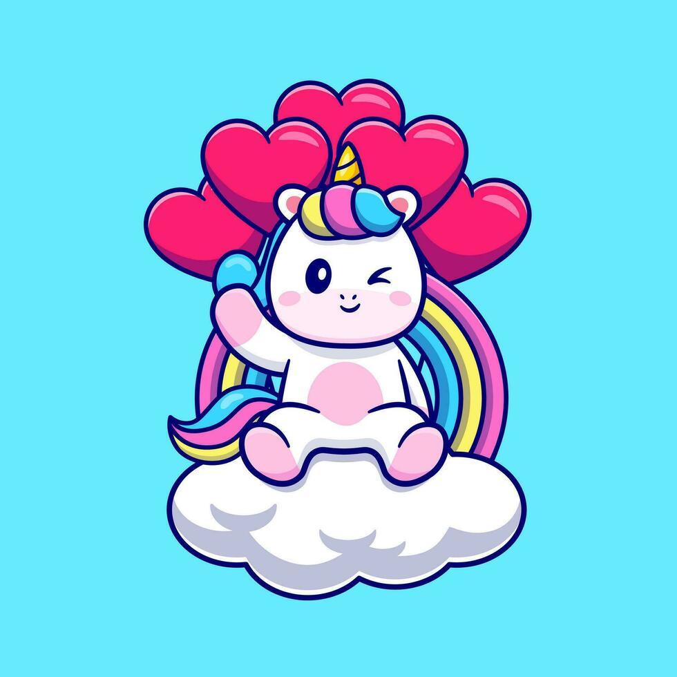 linda unicornio sentado en nube con arco iris y amor globo dibujos animados vector icono ilustración. animal naturaleza icono concepto aislado prima vector. plano dibujos animados estilo