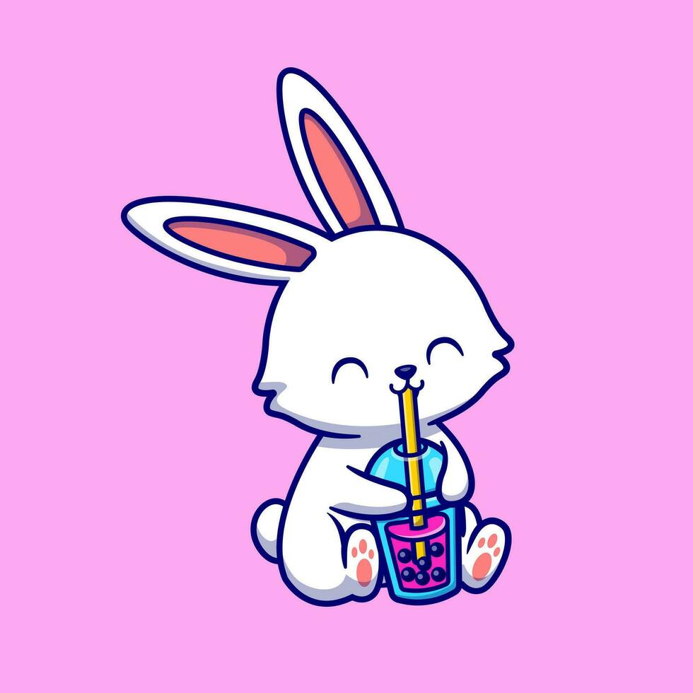 Cute Rabbit Drink Boba Milk Tea Cartoon Vector Icon  Illustration. Animal Drink Icon Concept Isolated Premium  Vector. Flat Cartoon Style