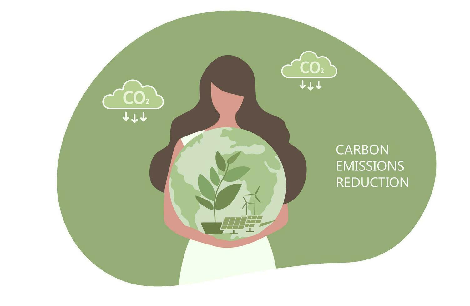 co2 carbón emisiones reducción concepto. verde energía, ecología ambiental con solar panel, viento turbinas, mujer participación verde mundo vector ilustración