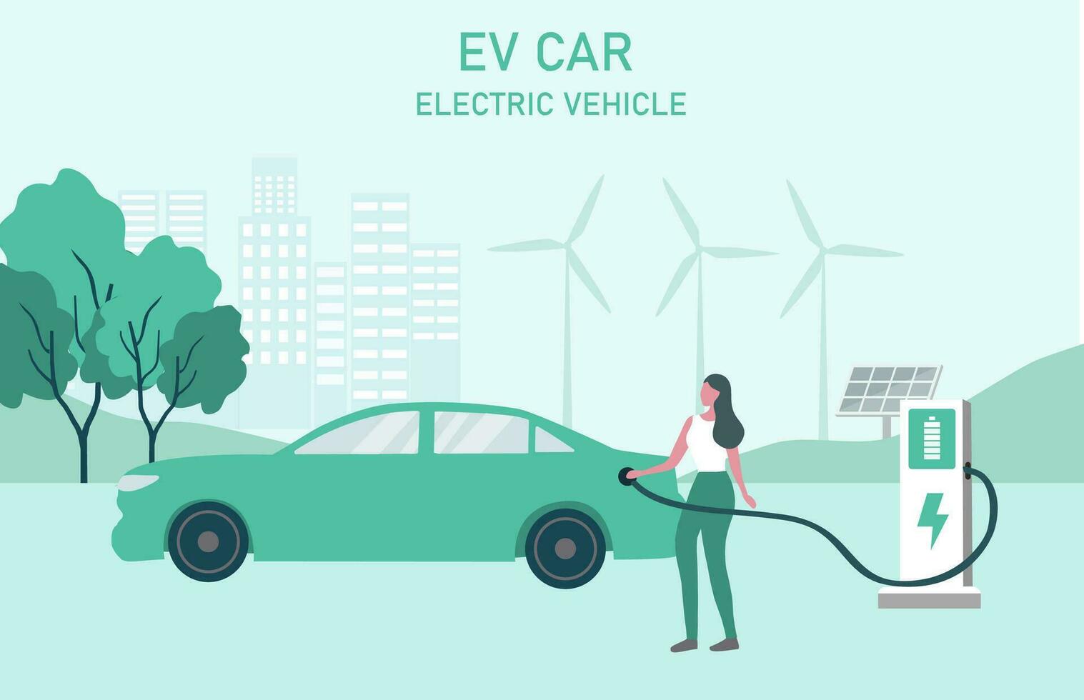 eléctrico auto, ev auto, coche cargando batería a eléctrico cargando estación con solar panel y viento turbinas sostenible verde energía para ecología ambiente. futurista transporte vector