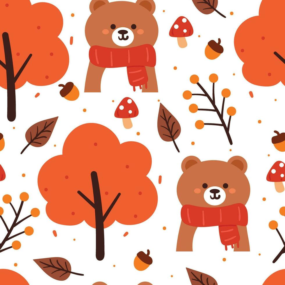 sin costura modelo dibujos animados oso, hojas y otoño vibraciones elemento. linda otoño fondo de pantalla para día festivo. diseño para tela, plano diseño, regalo envolver papel vector