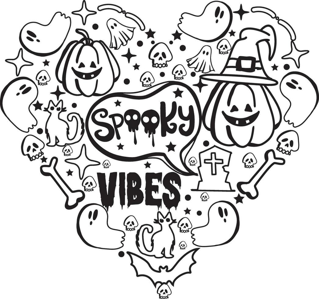 spooky vibes Love shape Halloween Pumpkin Doodle Typograph T Shirt Design vector
