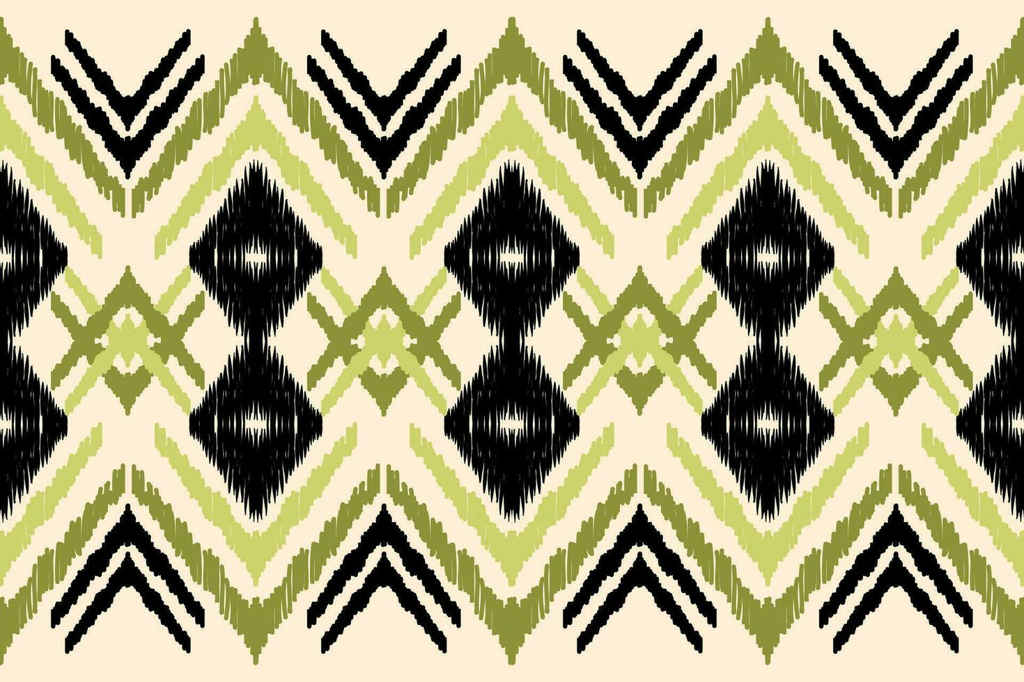 Ikat tye die boho seamless vintage pattern repeating vintage decor handmade organic textile design modern and trendy batik print boho green black vector