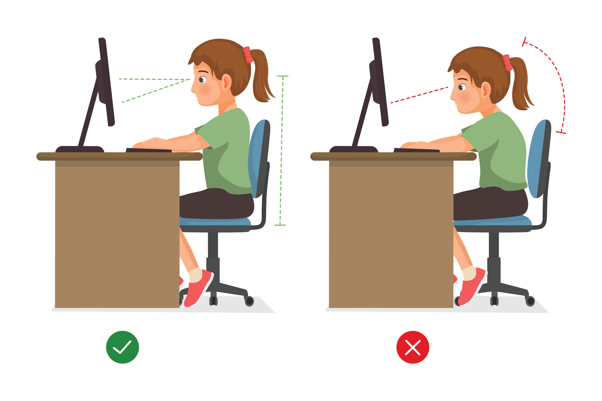 Correct posture sitting in front of computer top