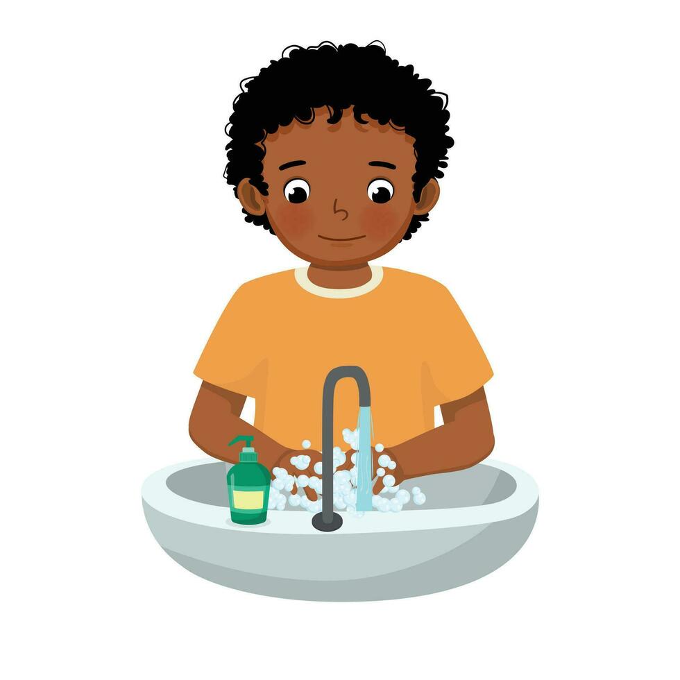 Cute little African boy washing hands with antibacterial soap and running water at the sink as prevention against Virus and Infection vector