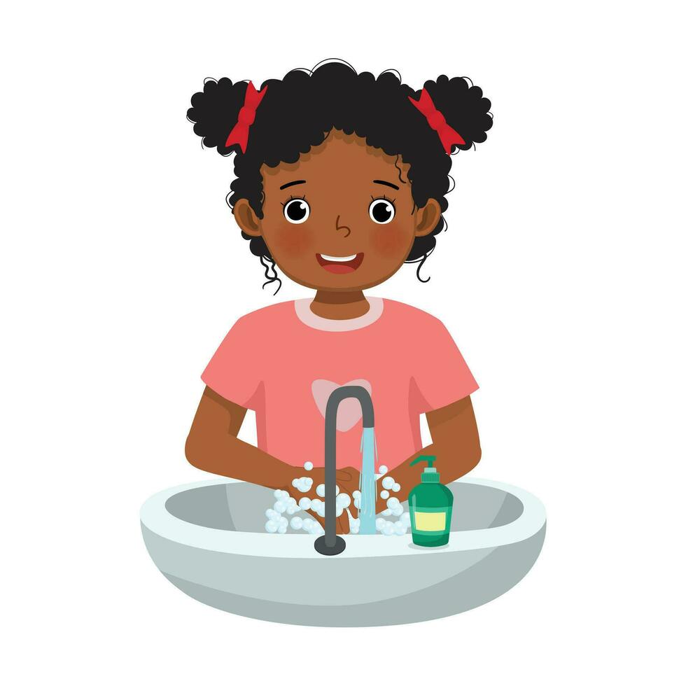 linda pequeño africano niña Lavado manos con antibacteriano jabón y corriendo agua a el lavabo como prevención en contra virus y infección vector