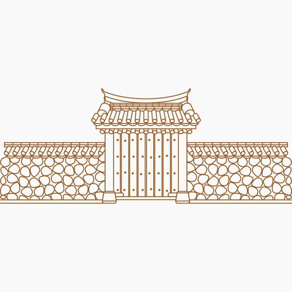 Editable Outline Traditional Korean Hanok Gate Building Vector Illustration for Artwork Element of Oriental History and Culture Related Design