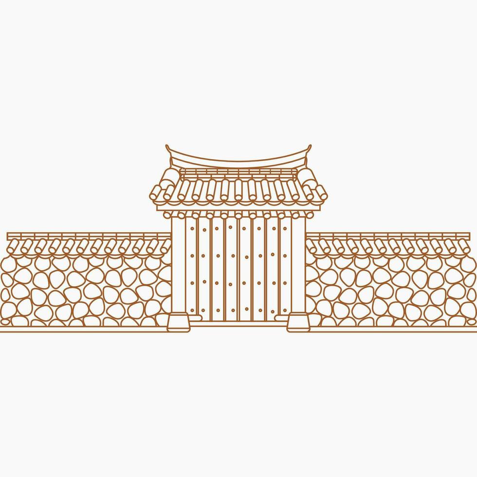 Editable Outline Traditional Korean Hanok Gate Building Vector Illustration for Artwork Element of Oriental History and Culture Related Design