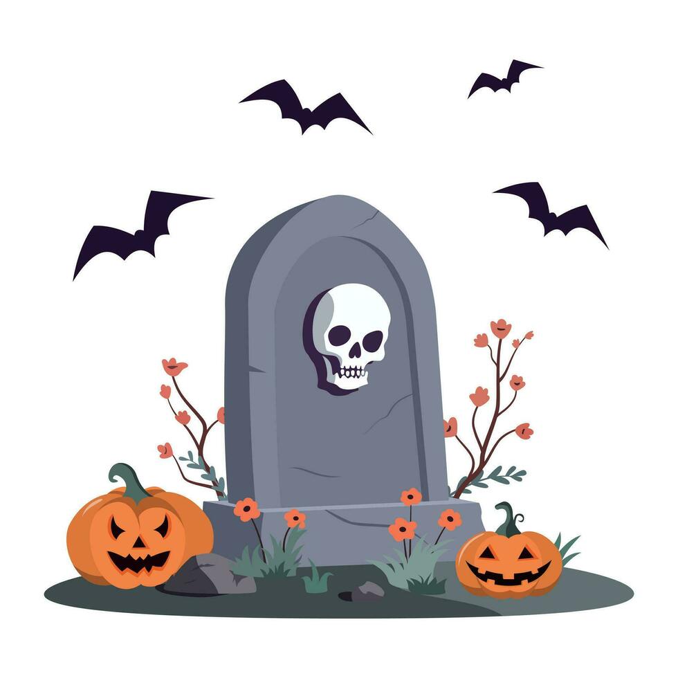 Spooky Halloween tombstone with flowers, pumpkin lanterns and bats. Vector illustration. Isolated on white background. Halloween decoration