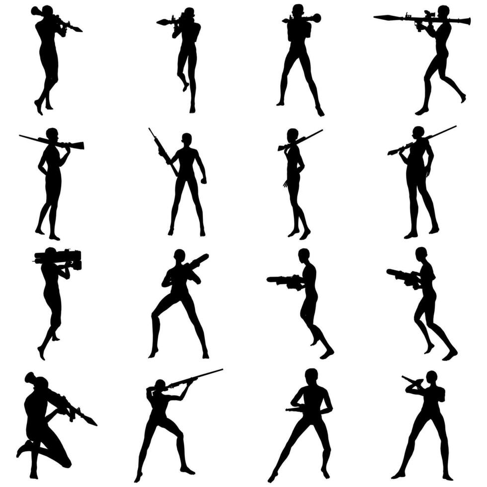 Bundle of illustrations of silhouettes of soldiers using rifles and grenade launchers vector