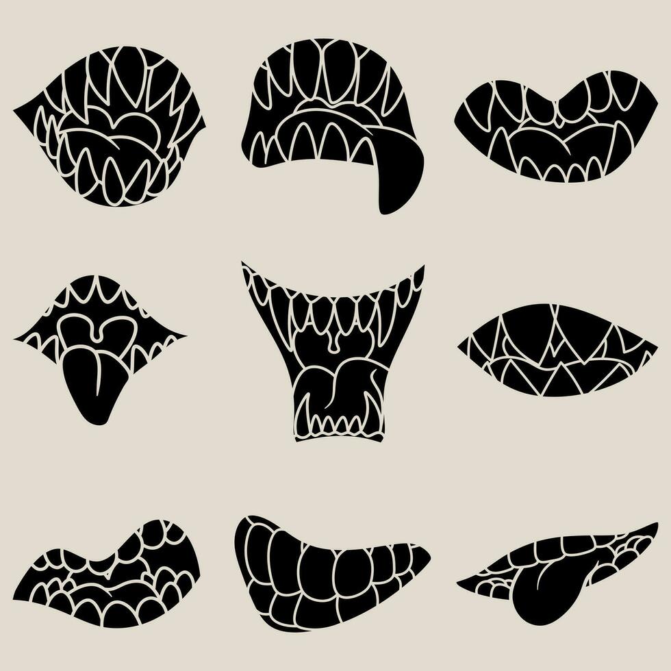 Free vector bundle silhouette of line art fighting monster mouth with long tongue