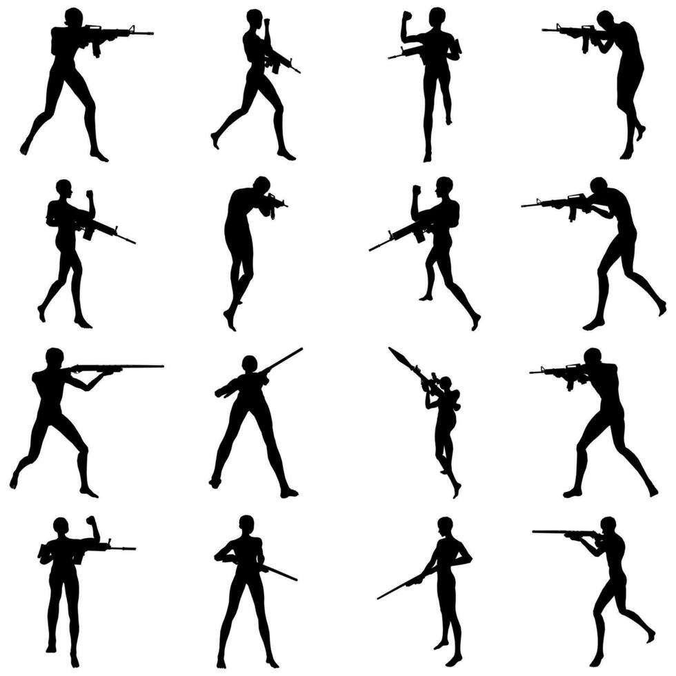 Bundle of illustrations of soldier silhouettes posing shooting and aiming vector