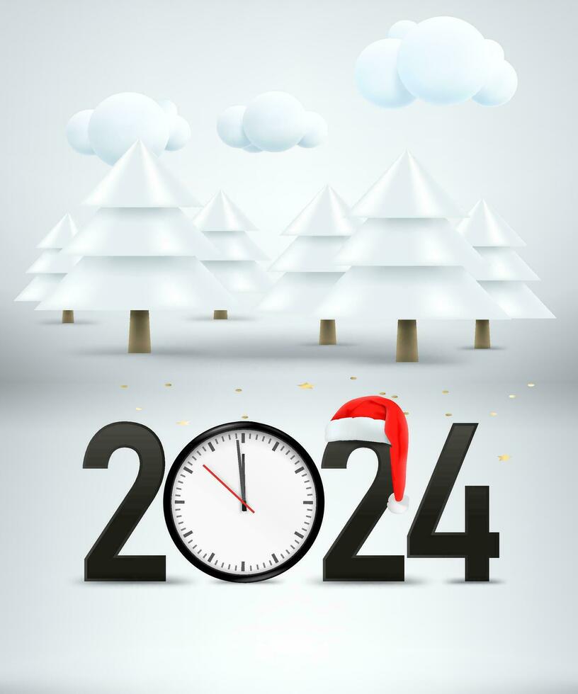 Happy new 2024 year illustration. Composition with digits, clock, pines ans Santa hat. 3d vector illustration
