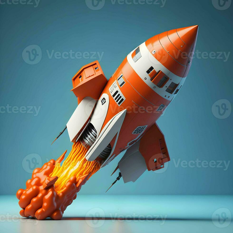 3D cartoon-style minimal spaceship rocket icon.toy rocket upswing  smoke Startup space business and bitcoins advertise photo