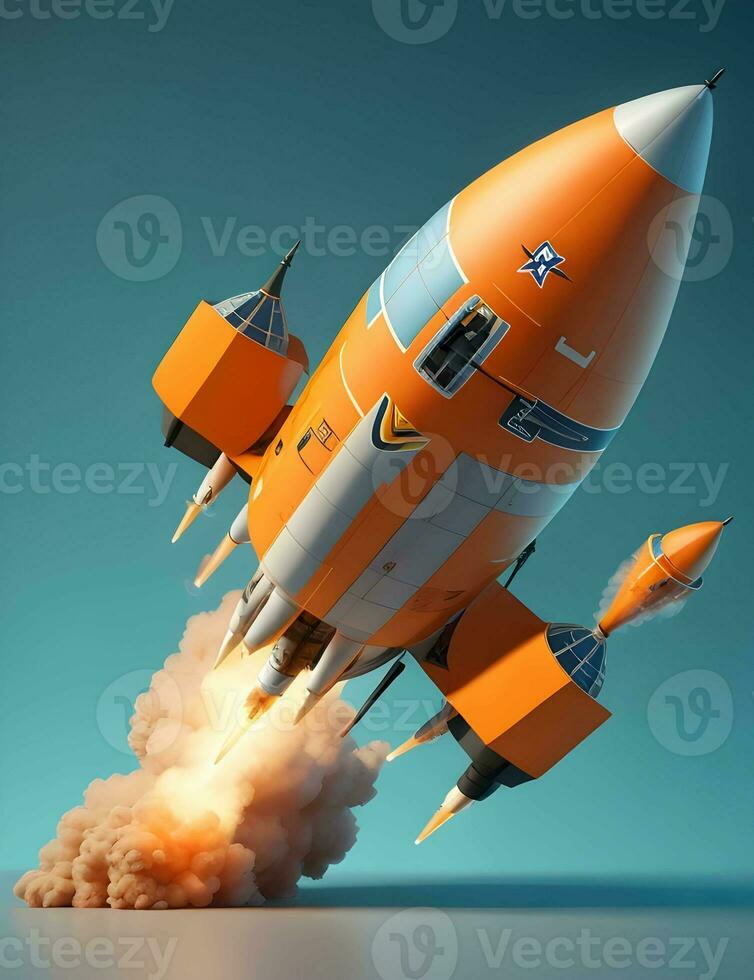 3D cartoon-style minimal spaceship rocket icon.toy rocket upswing  smoke Startup space business and bitcoins advertise photo