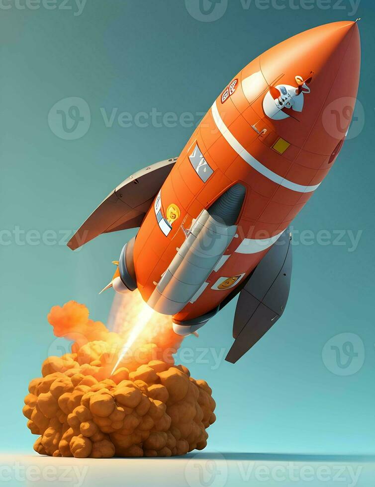 3D cartoon-style minimal spaceship rocket icon.toy rocket upswing  smoke Startup space business and bitcoins advertise photo
