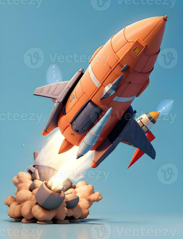 3d cartoon style minimal spaceship rocket icon. Toy rocket upswing ,spewing smoke. Startup, space, business concept. photo