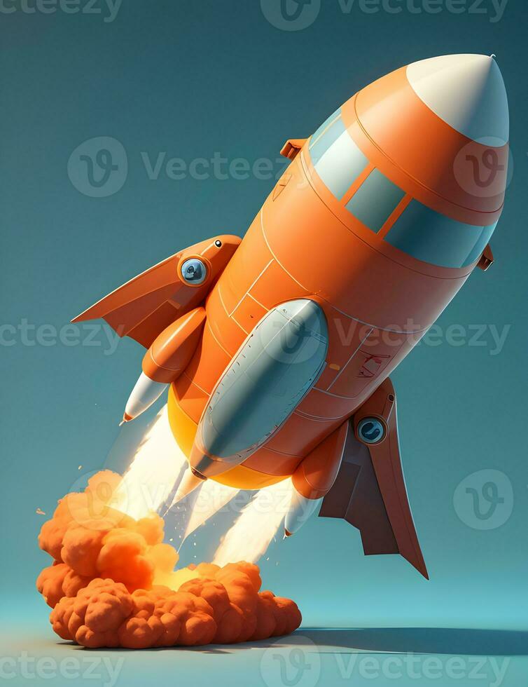 3d cartoon style minimal spaceship rocket icon. Toy rocket upswing ,spewing smoke. Startup, space, business concept. photo