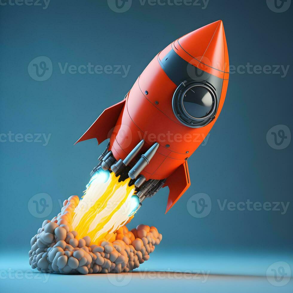 3d cartoon style minimal spaceship rocket icon. Toy rocket upswing ,spewing smoke. Startup, space, business concept. photo